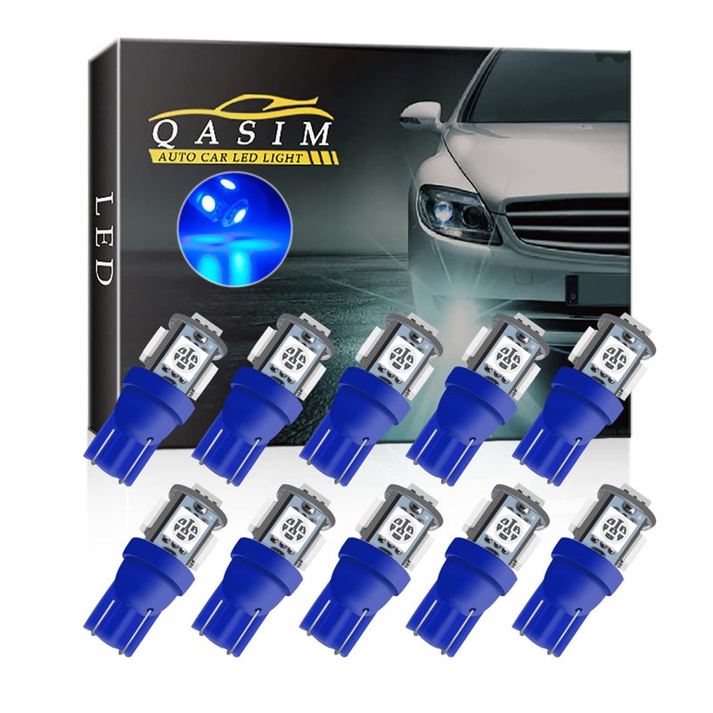 Qasim لمبة LED زرقاء قاسم 194، T10 W5W 2825 158 192 168 194 ويدج 5-SMD 5050 لمبة LED زرقاء فائقة لداخل السيارة 12V DC (عبوة من 10)  - Image 1